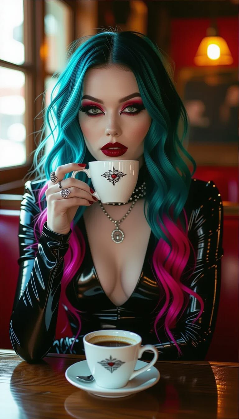 Punk Goth in Dim Cafe: High-Fashion Photo