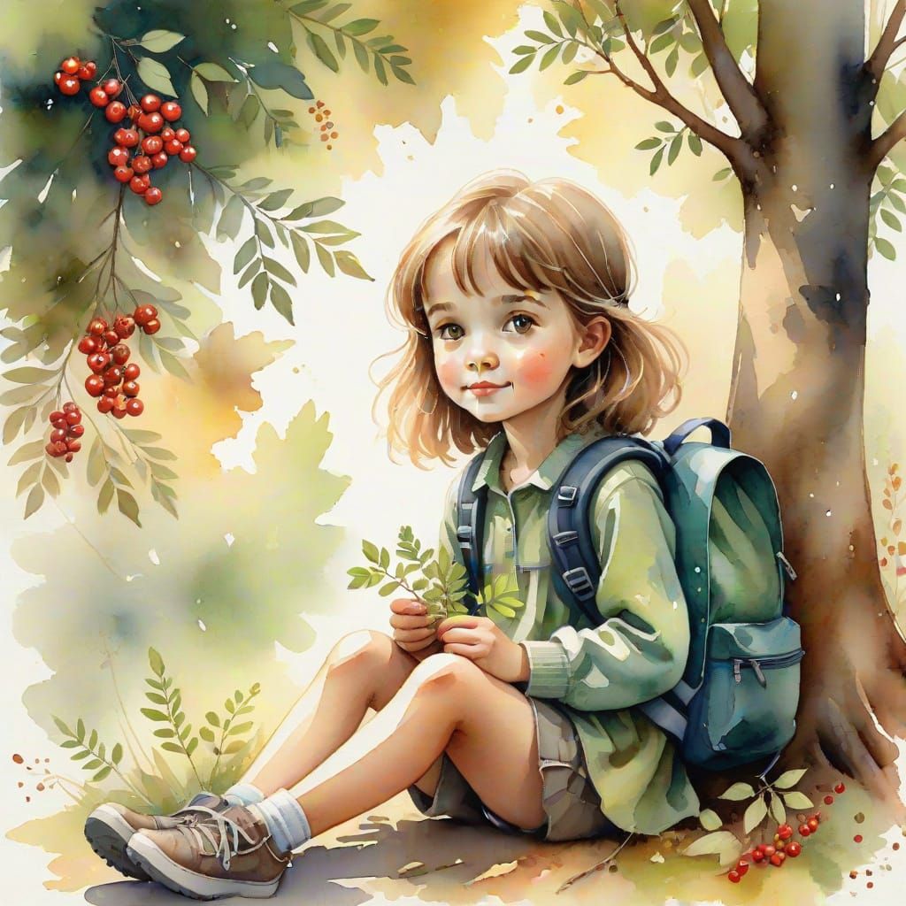 Whimsical Girl with Rowan Branch Watercolor Illustration