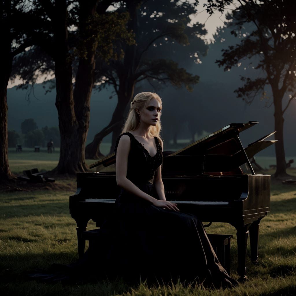 Blonde Goth Woman at Piano on Hill at Sunset