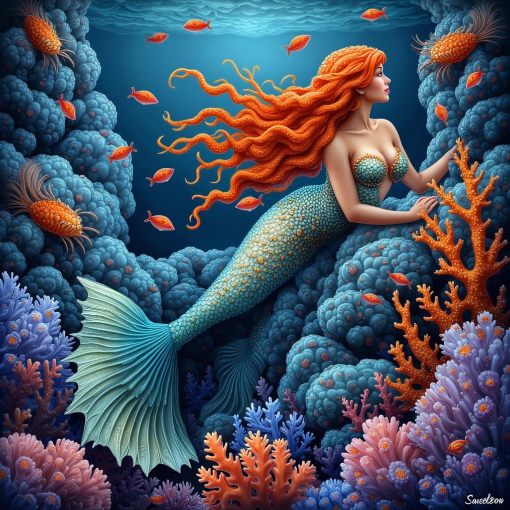 Bioluminescent Coral Reef Mermaid in Folk Art Nouveau Style