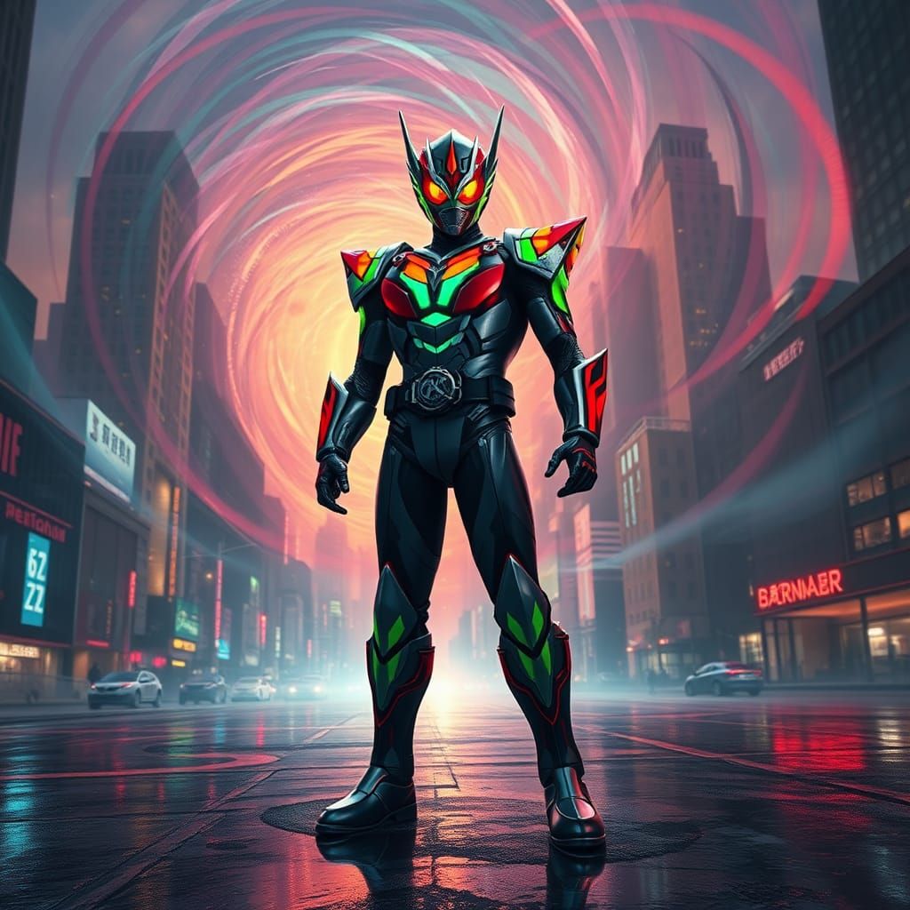 Heroic Kamen Rider in a Fantastical Cityscape
