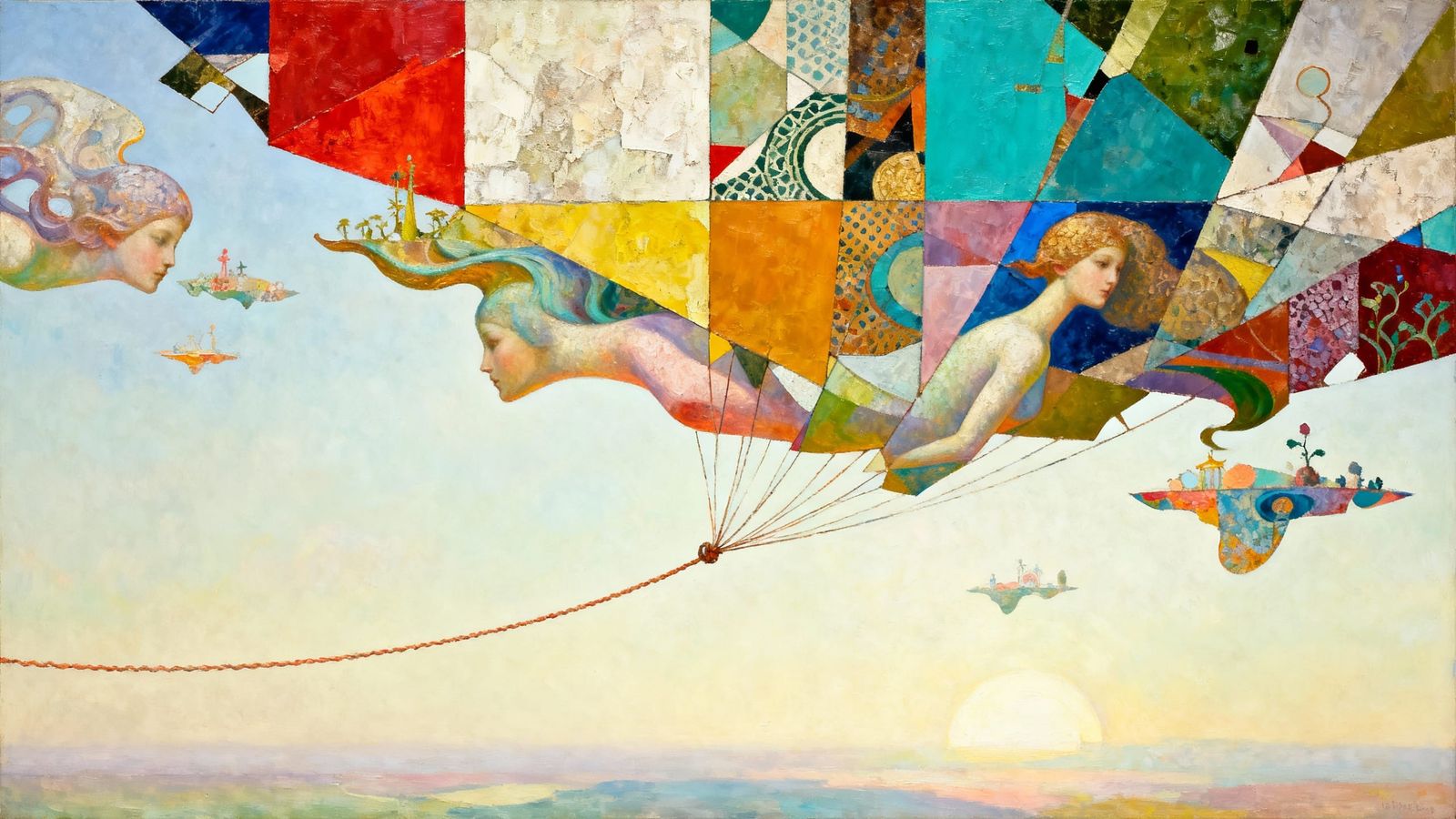 Surreal Tethered Flight in Patchwork Acrylic Style