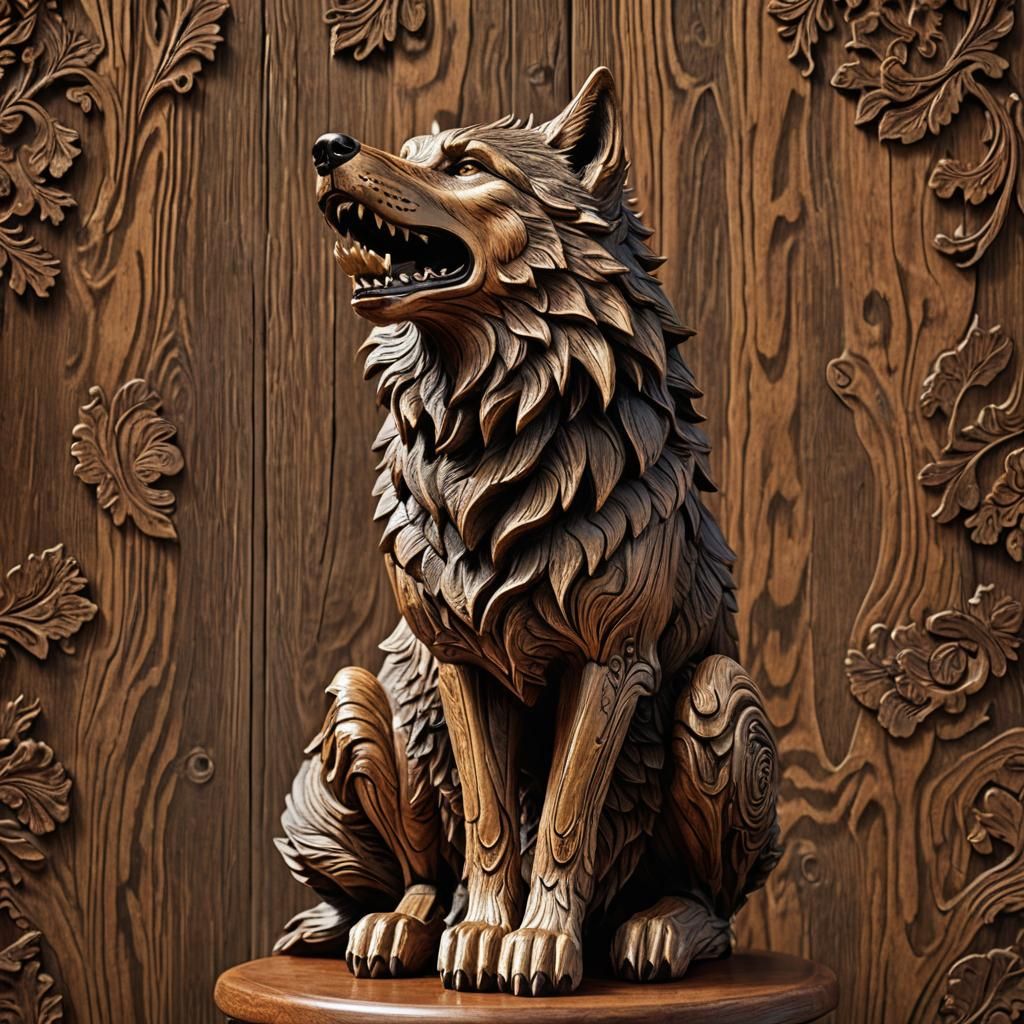 Intricately Carved Wooden Wolf in Golden Light