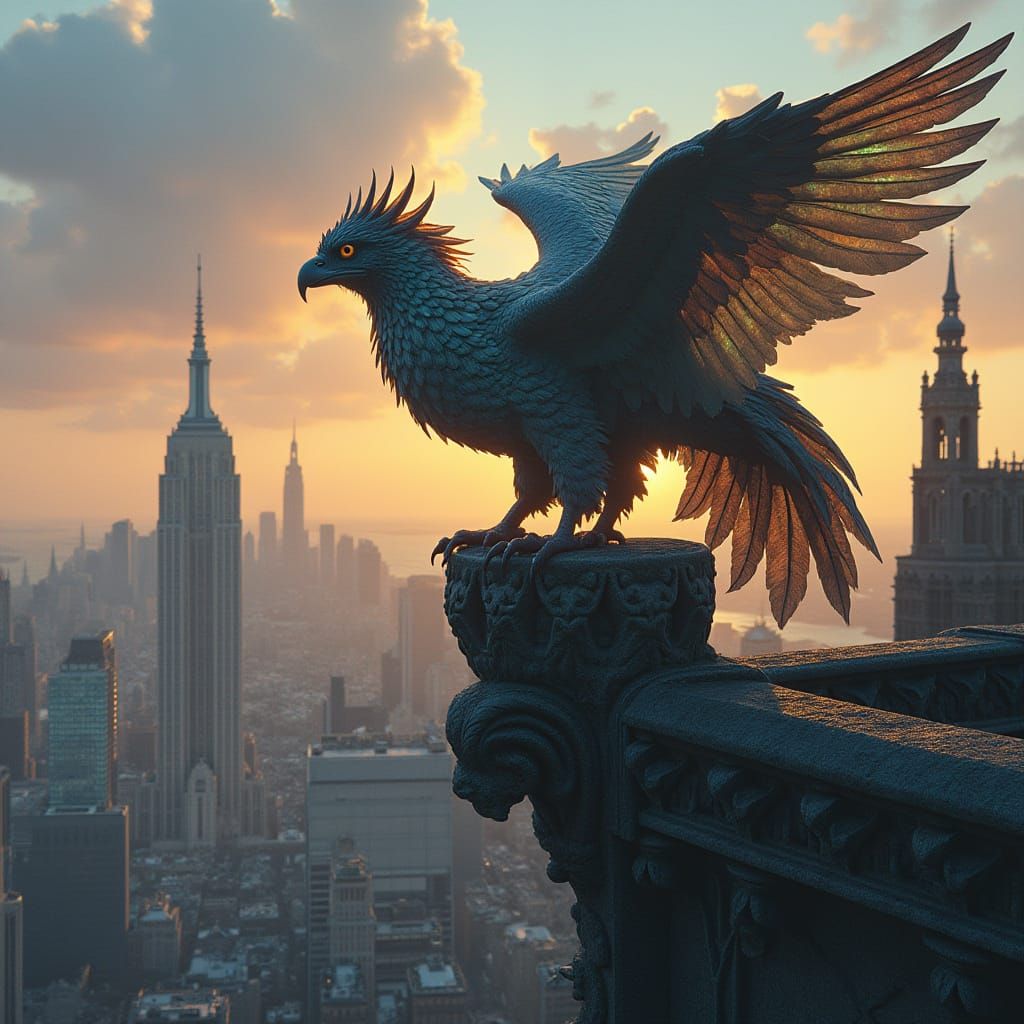 Griffin Overlooking Cityscape in Gothic Setting