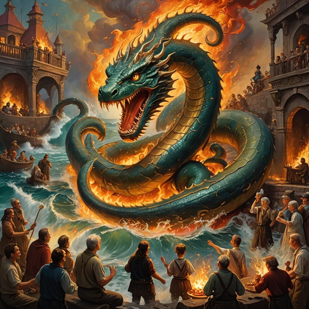 Mythical Sea Serpent Emerges in Oil Painting