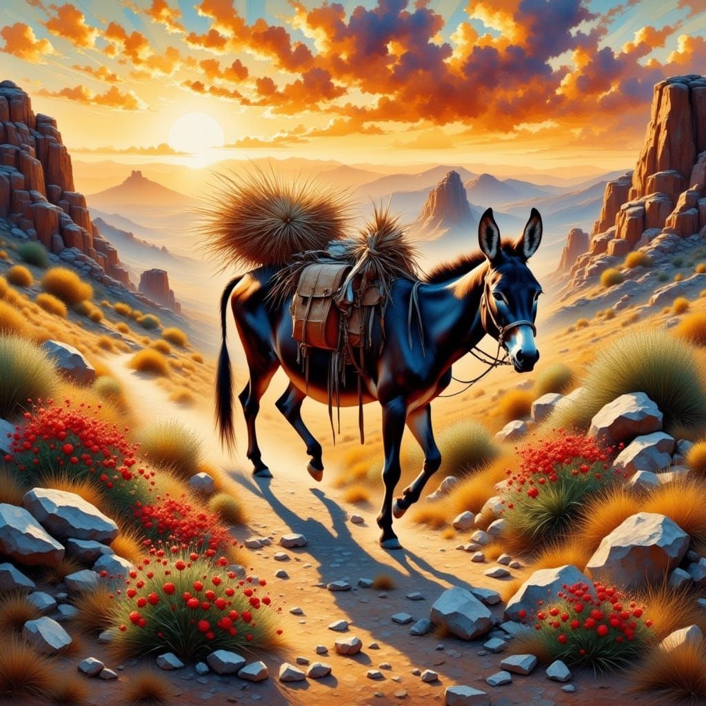 Donkey in a Desert Sunset Scene