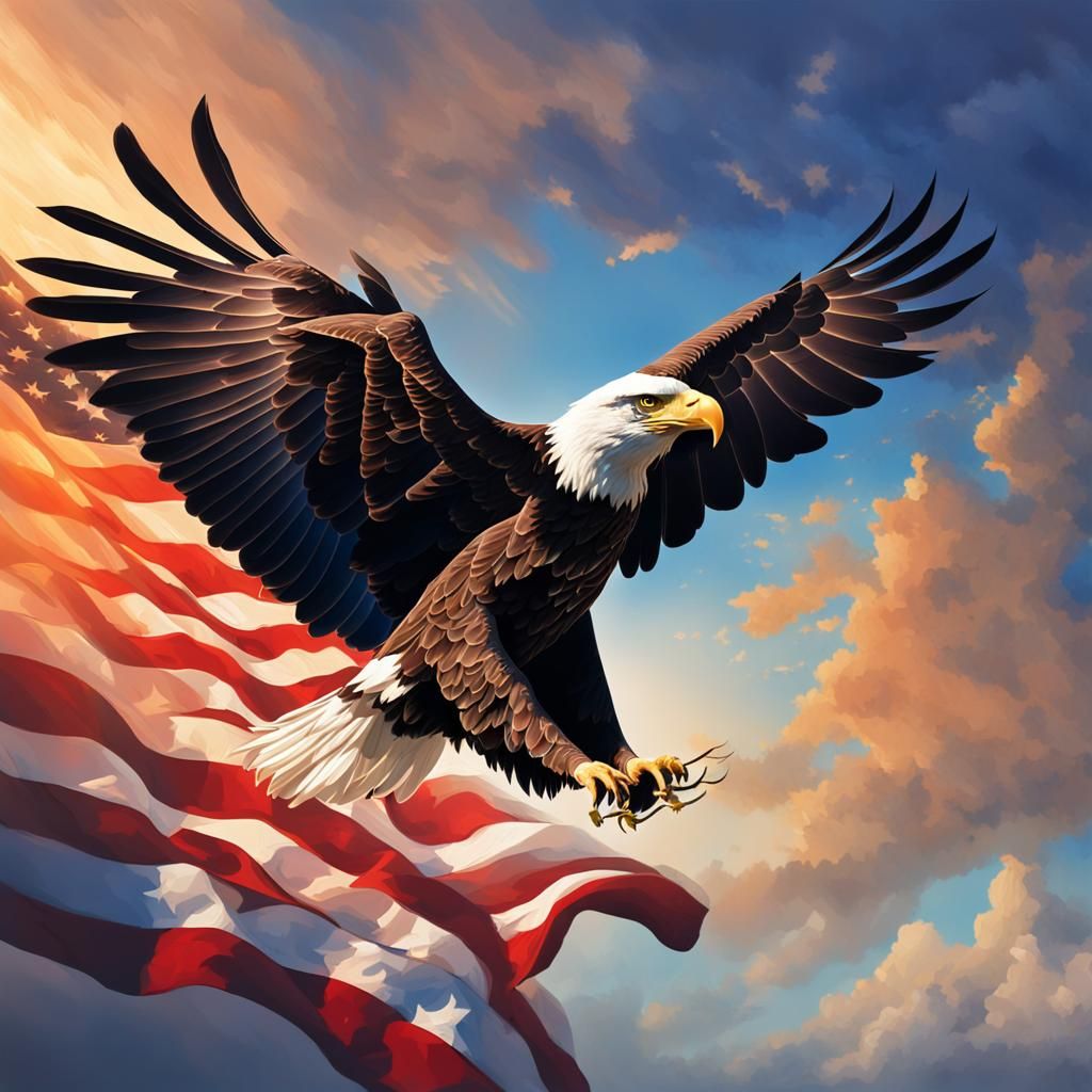 Bald Eagle and American Flag in Flight