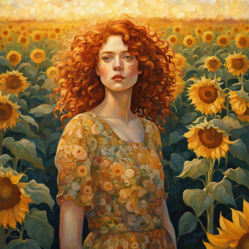 Woman in Sunflower Field, Gustav Klimt Style