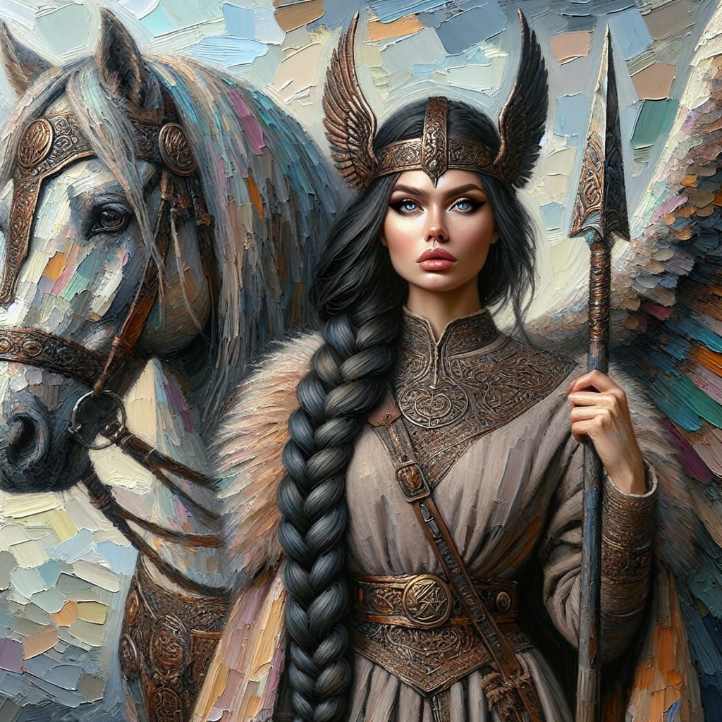 Viking Goddess on Winged Horse: Neo-Impressionist Oil Painti...