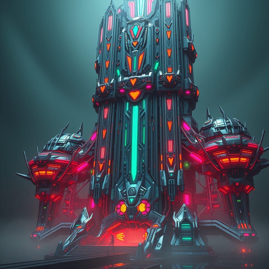 Surreal Futuristic Muster Scene in Neon-Lit, High-Tech Style