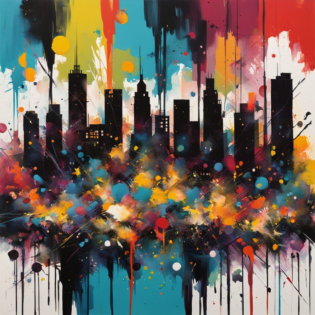 Abstract Cityscape Painting with Energetic Splattered Colors