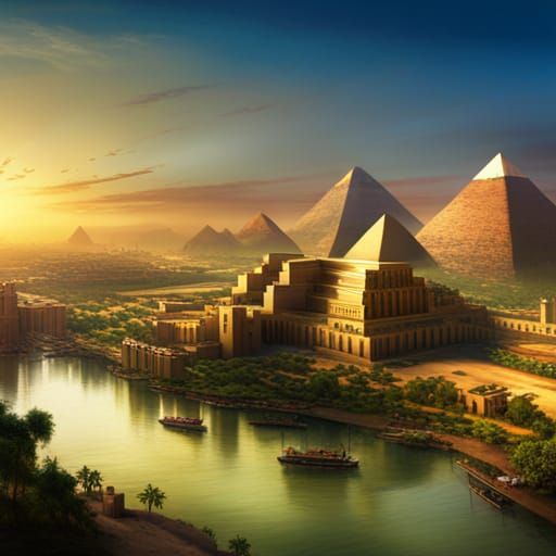 Ancient Egypt Cityscape: River Trade in Digital Art