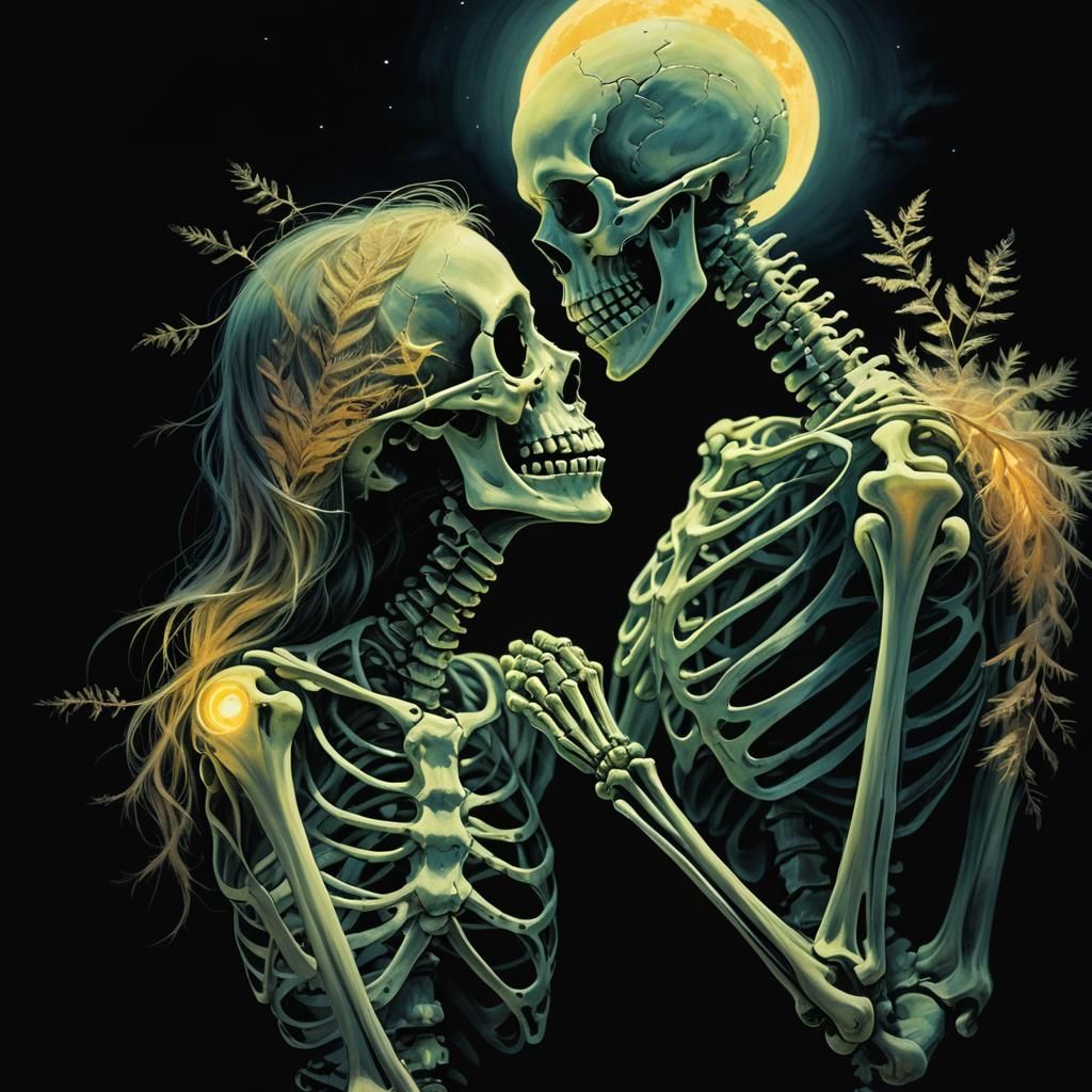 Skeleton Couple Embrace in Acrylic Airbrush Art