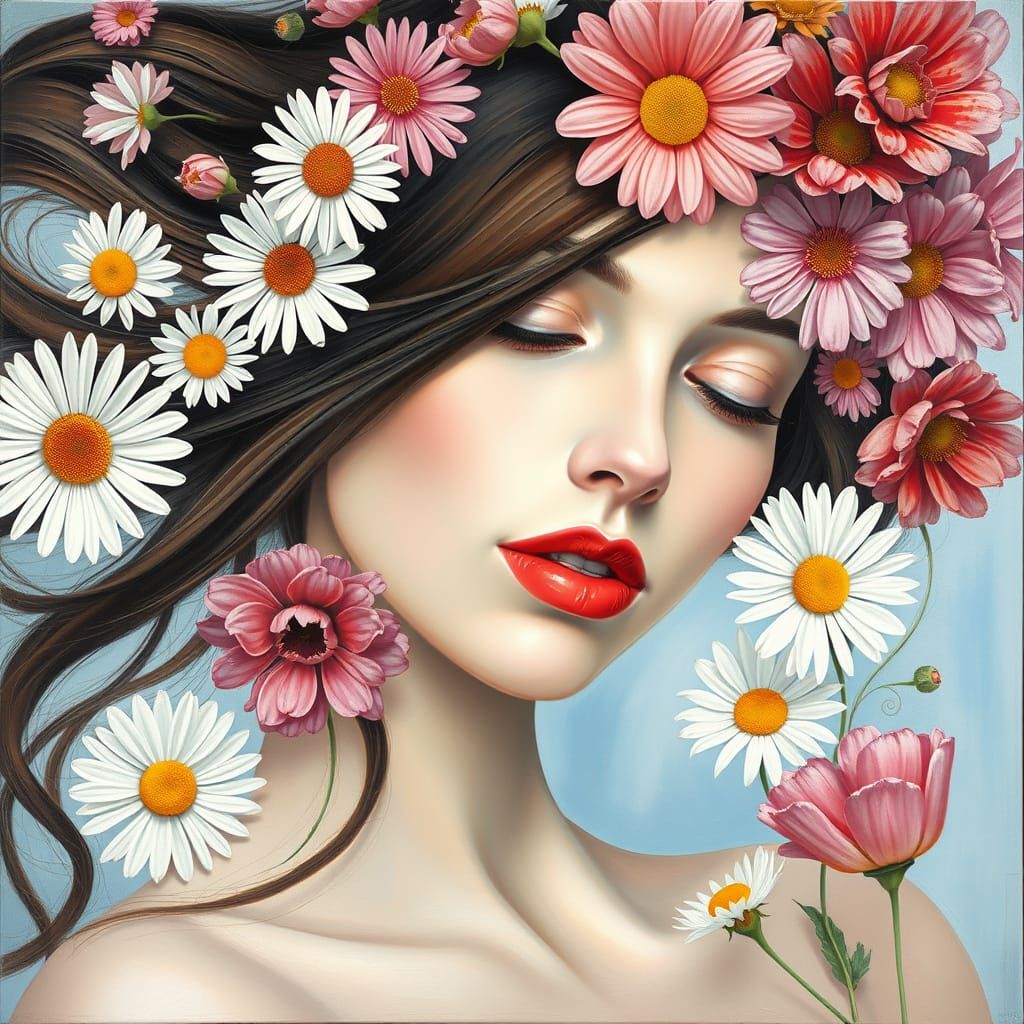 Image is a surrealistic oil painting featuring a woman with ...