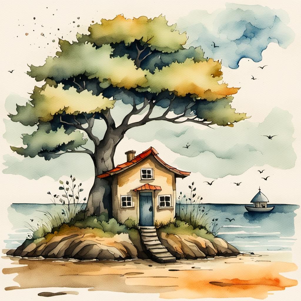 Seaside House and Tree in Watercolor and Ink