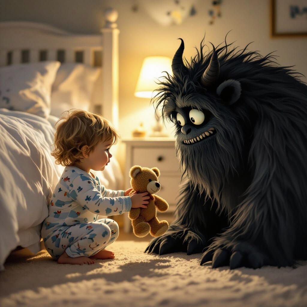 Toddler Befriends Monster Under Bed, Whimsical Illustration