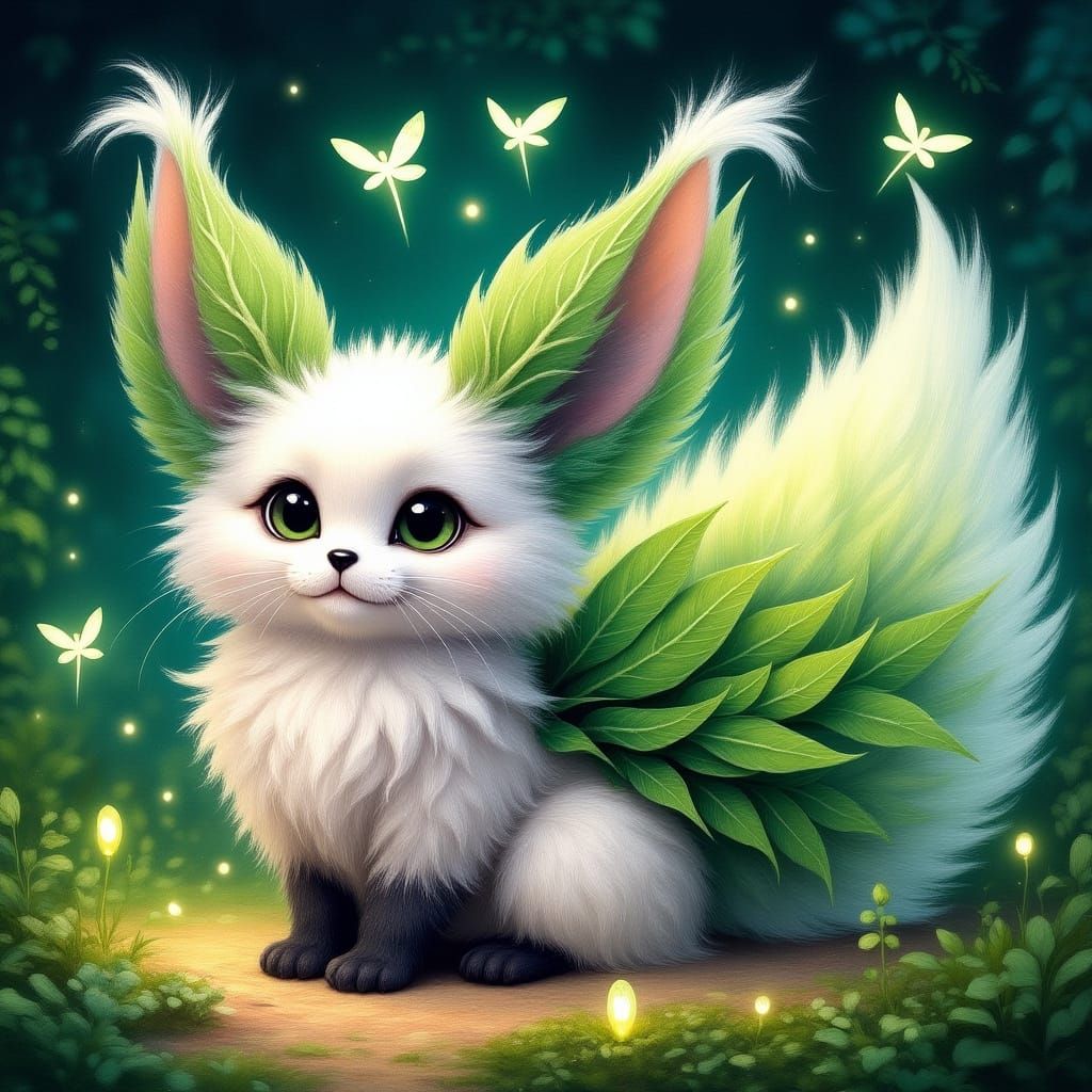 Cute Cat-Fox Hybrid Creature in Enchanted Forest