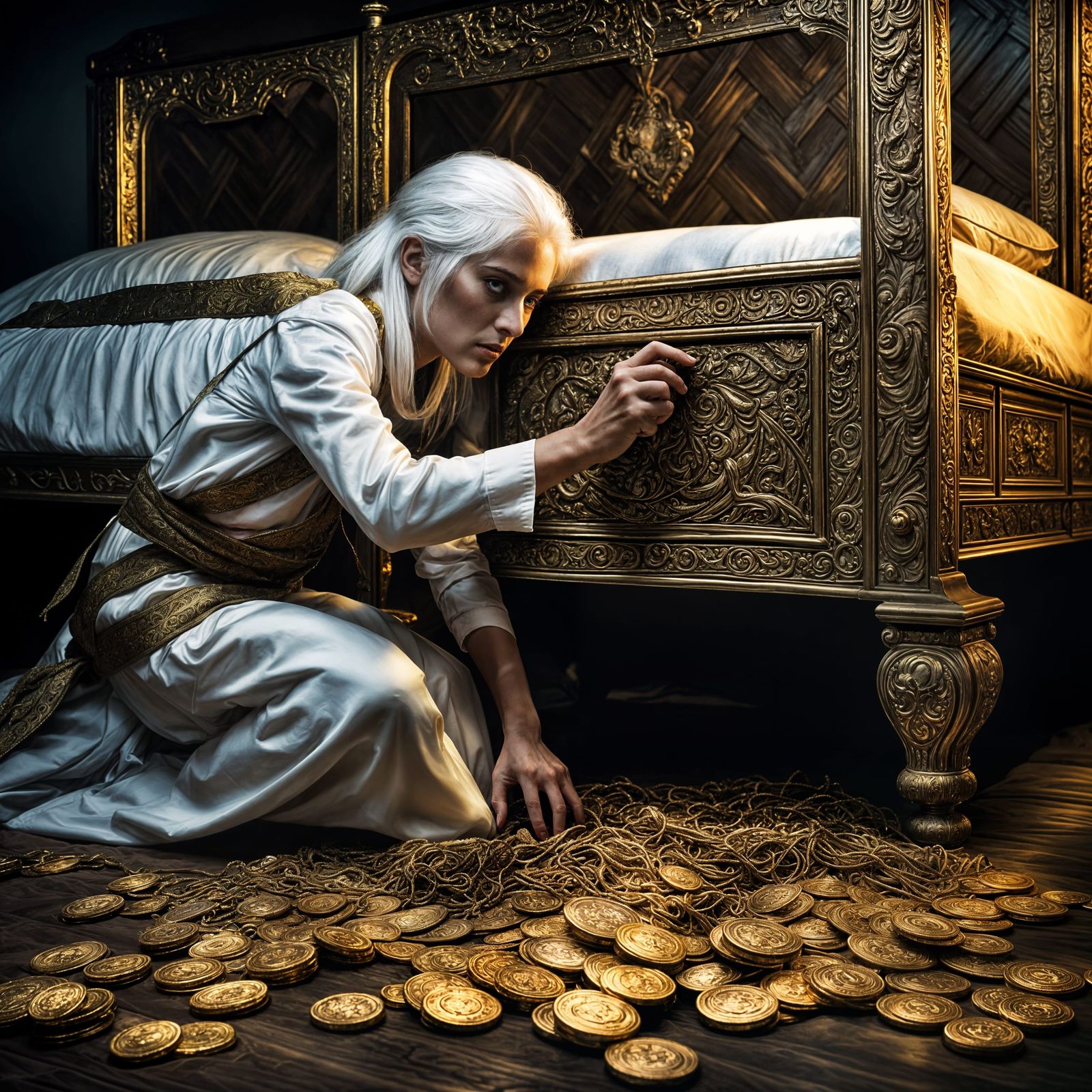 Woman with White Hair Hiding Gold