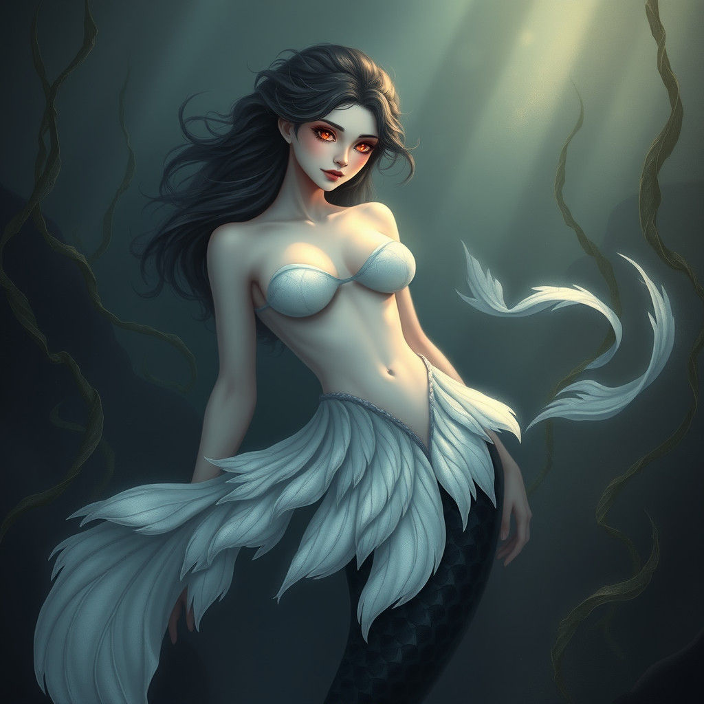 Ethereal Mermaid with Red Eyes and Flowing Tail