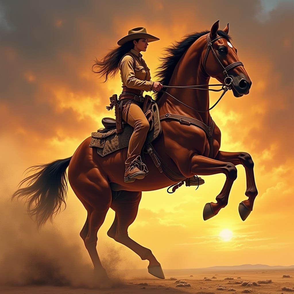 Cowgirl on the back of a stallion. Rearing high on the hind legs as she trys to hangon.