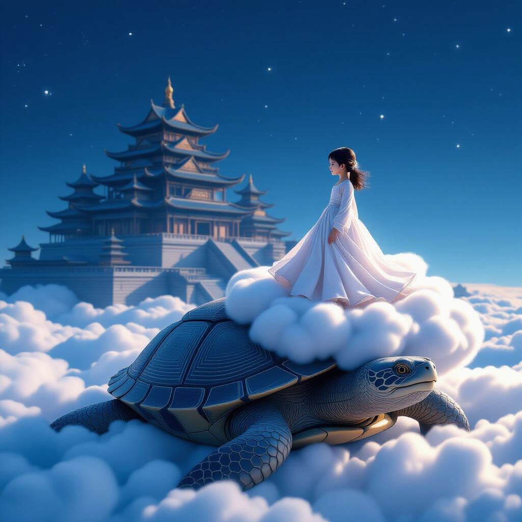 Girl on Cloud with Giant City on Turtle