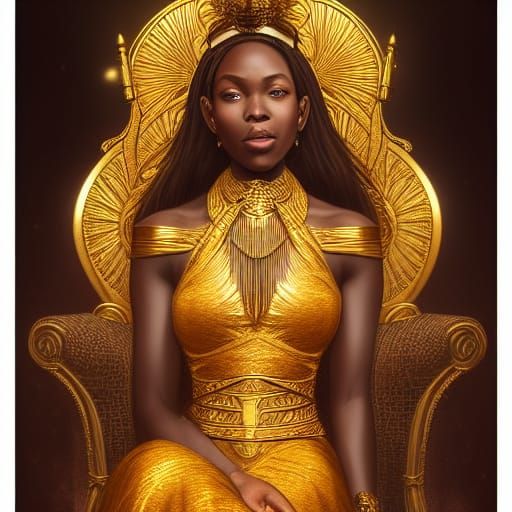 African Queen on Gold Throne, Detailed Portrait