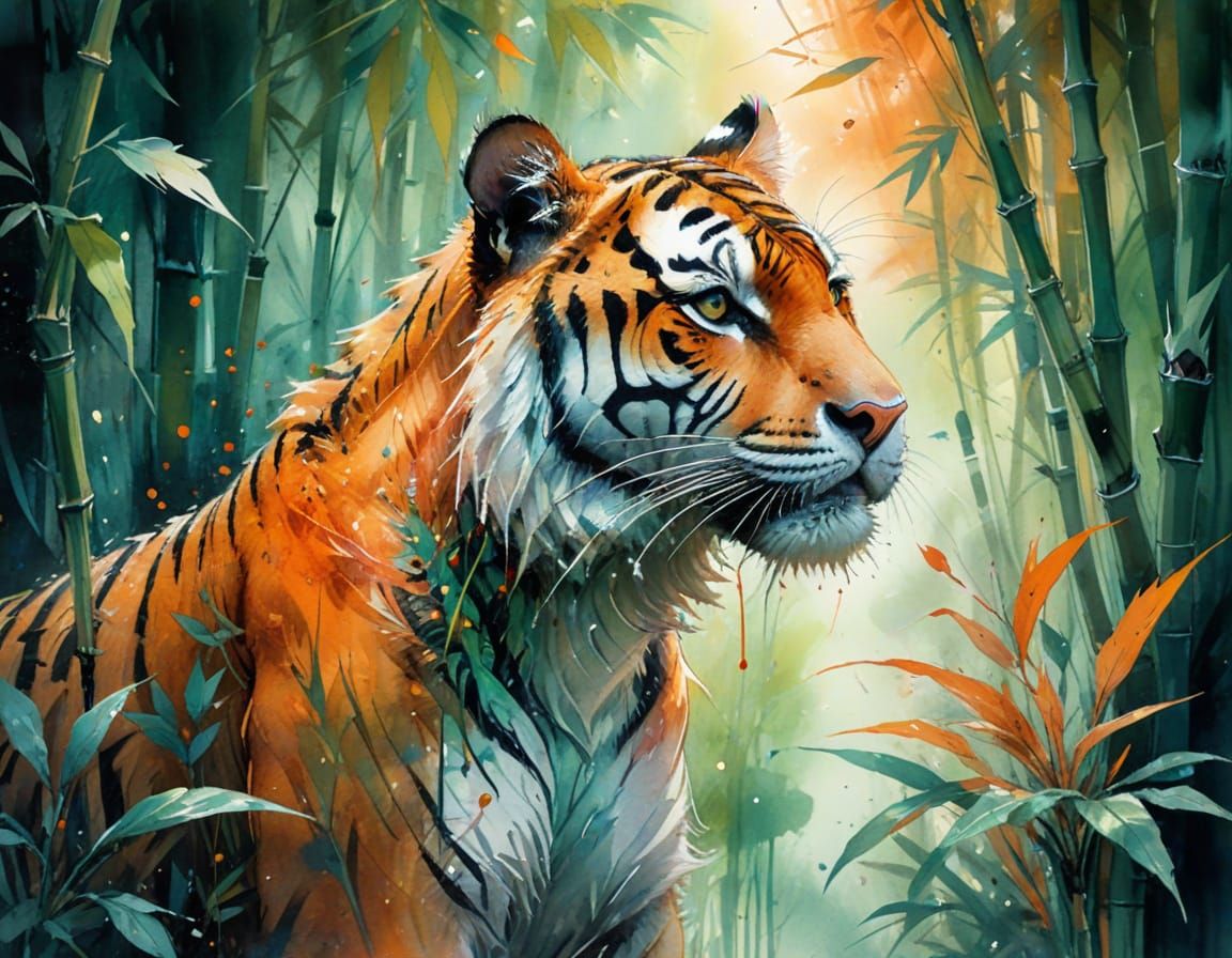 Mystic Tiger in Celestial Bamboo Grove Watercolor