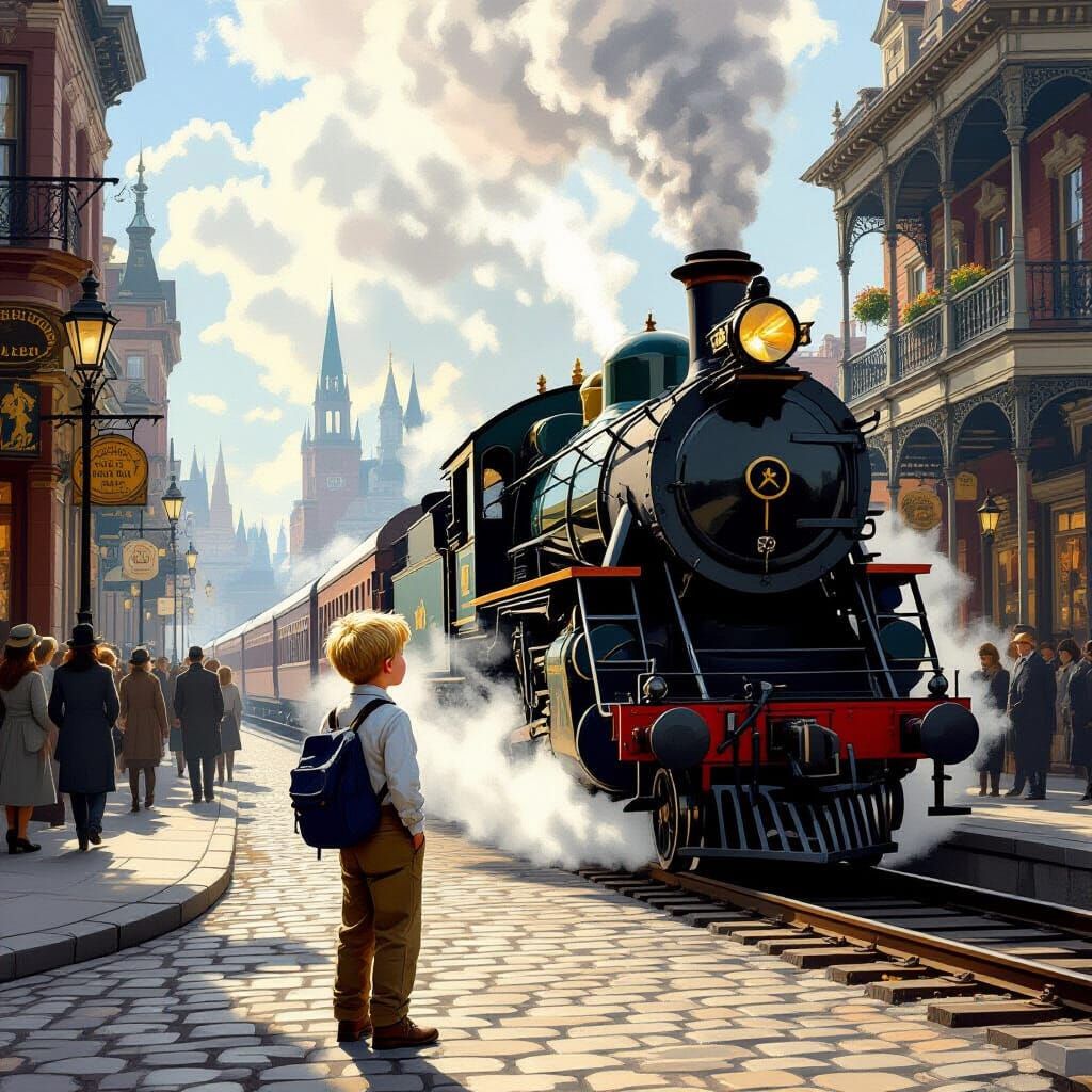 Boy Puzzled on Victorian Street, Nostalgic Digital Art