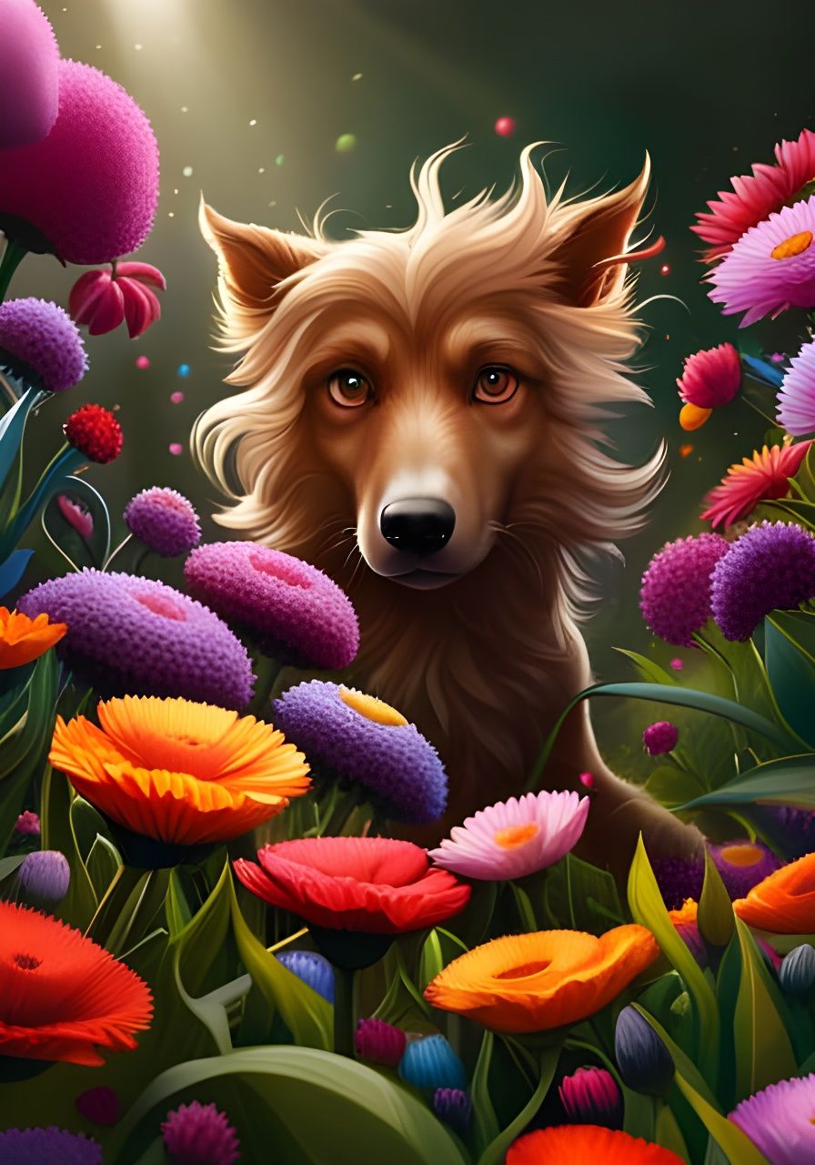 Dog in Flower Garden: Graffiti Art Style