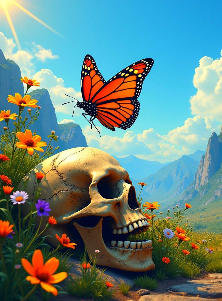 Monarch Butterfly Lands on Skull in Floral Wasteland
