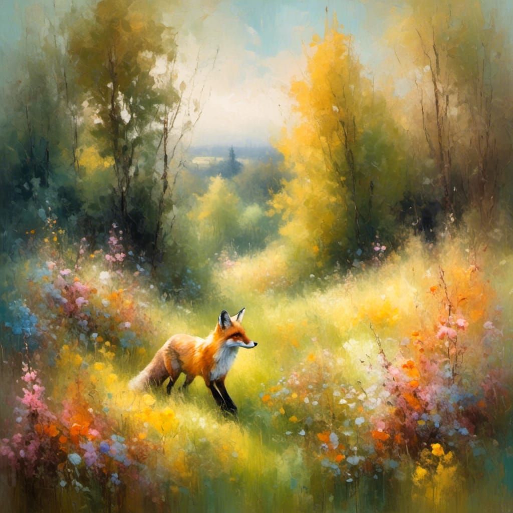 Fox in Sunlit Forest: An Oil Painting