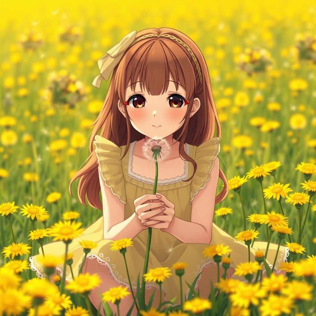 Serenely Sitting Girl Among Vibrant Dandelions in Anime-Insp...