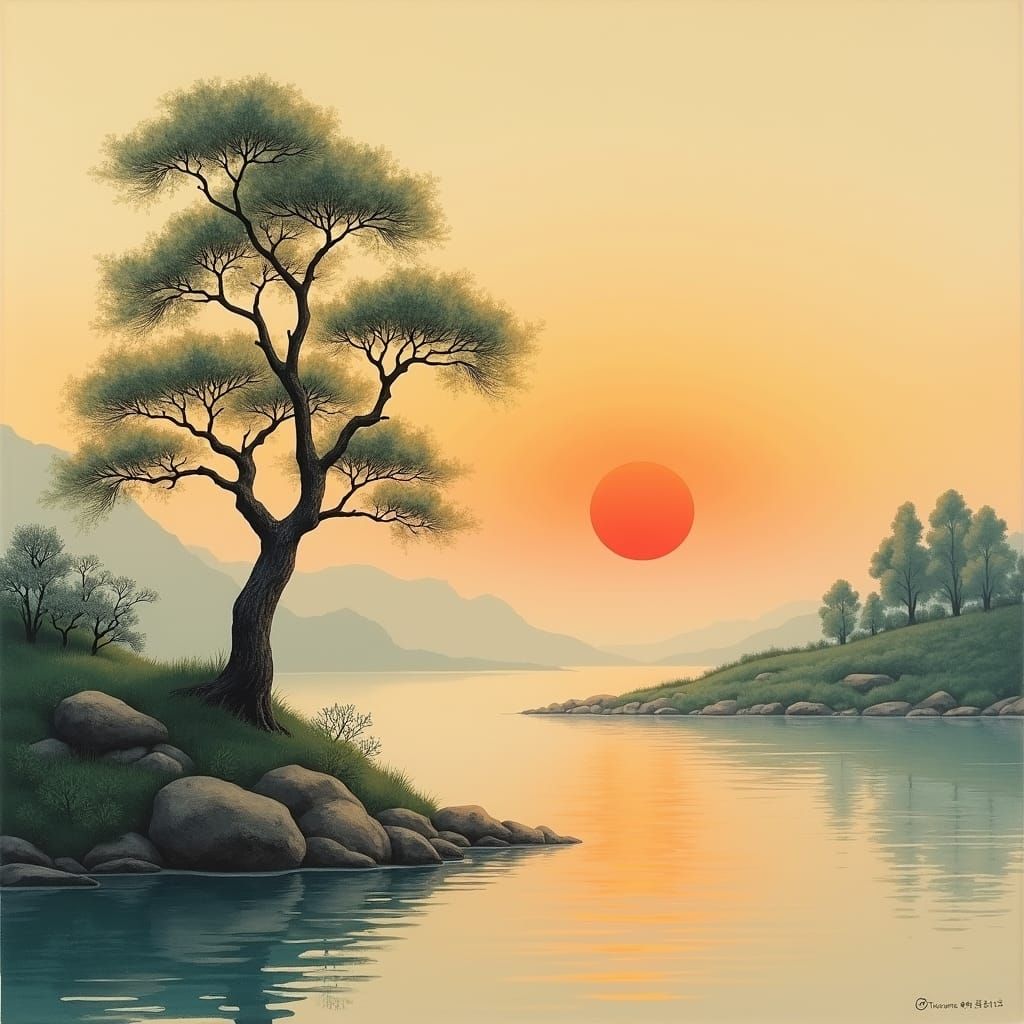 Japanese Sunset Landscape in Woodblock Print Style