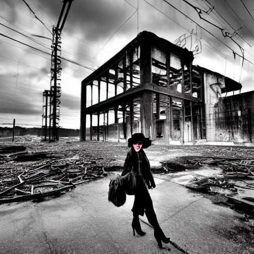 Goth Fashion Model in Industrial Decay, Shrouded in Steam an...