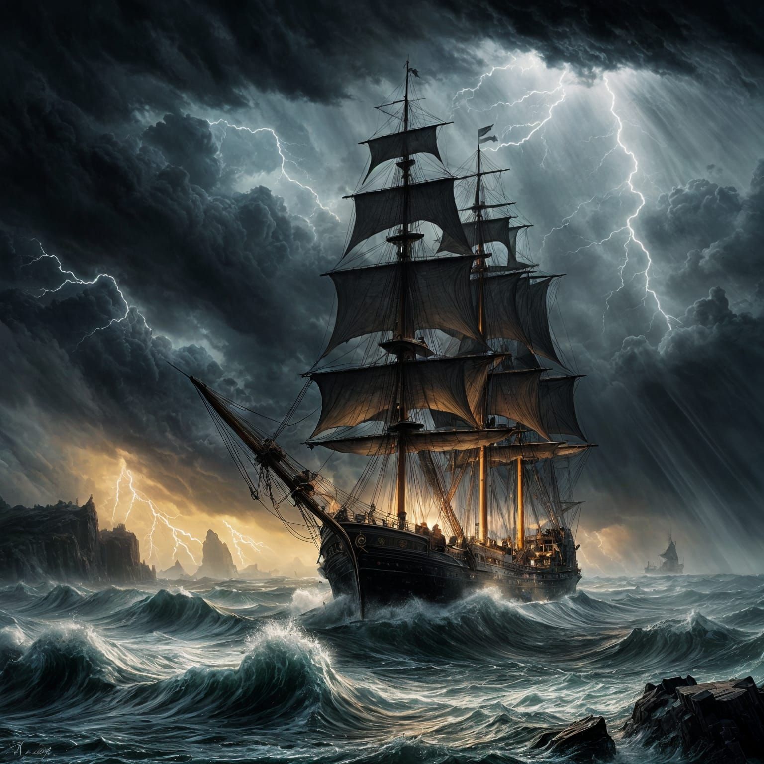 Dramatic Seascape with Lone Ship in Turbulent Storm