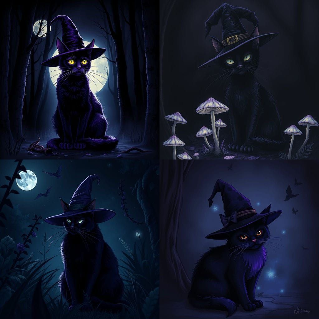 Dark Purple Cat with Witch Hat Under Blacklight