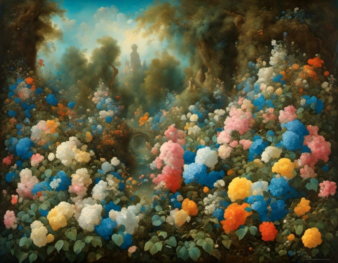 Hydrangeas in Dreamy Garden, Canaletto Style