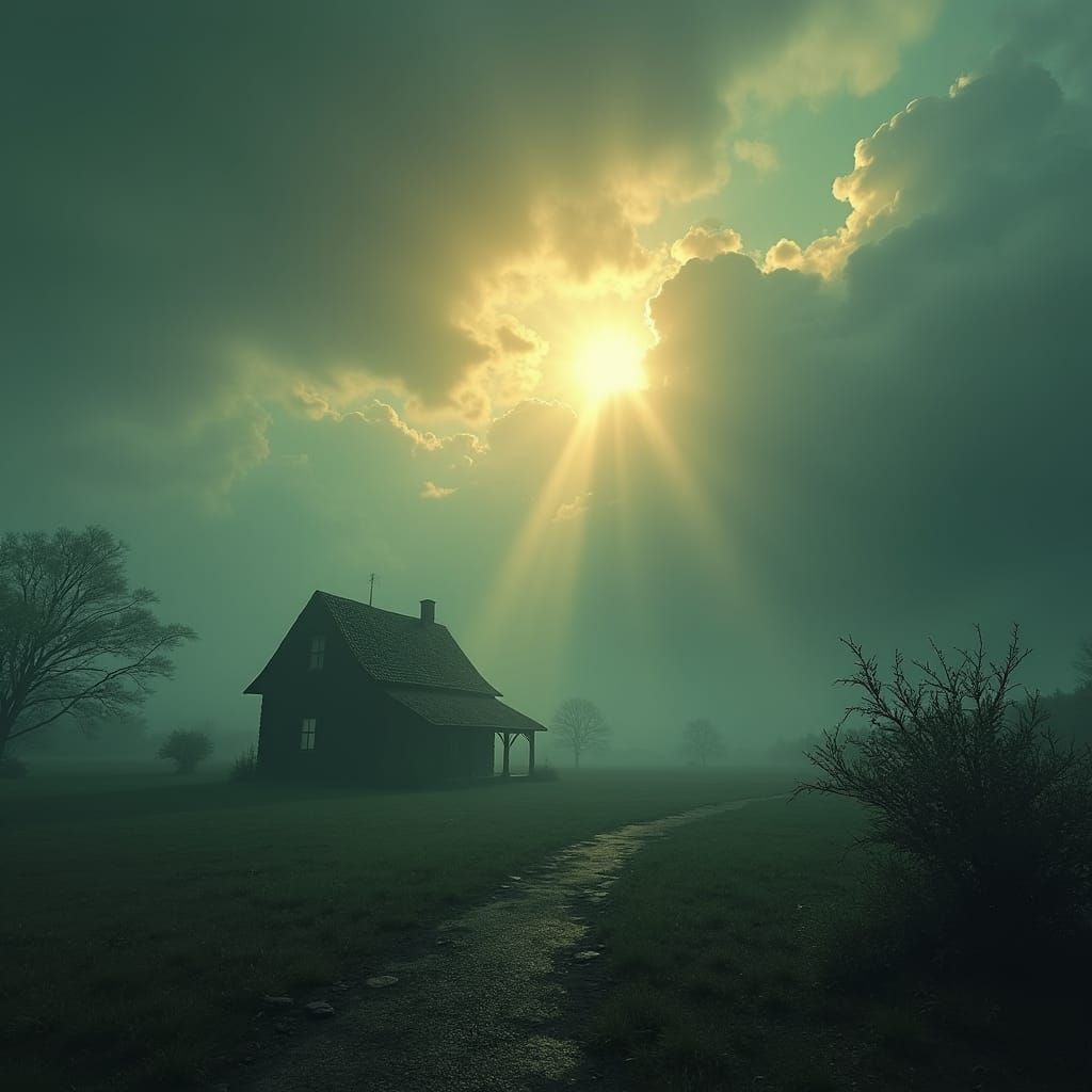 Eerie Farmhouse in Golden Lit Countryside