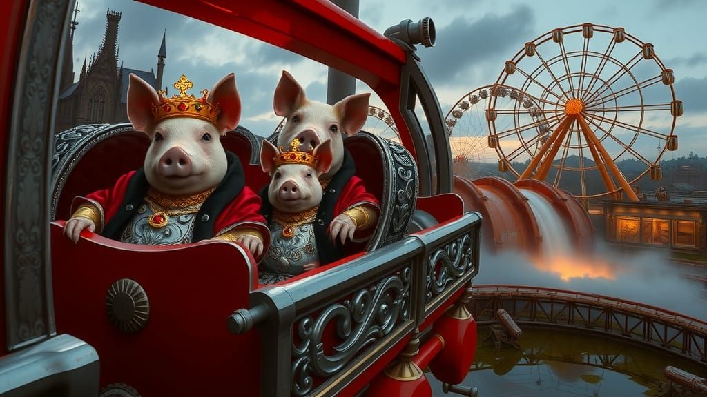 Pig Princes in Gothic Amusement Park at Dusk