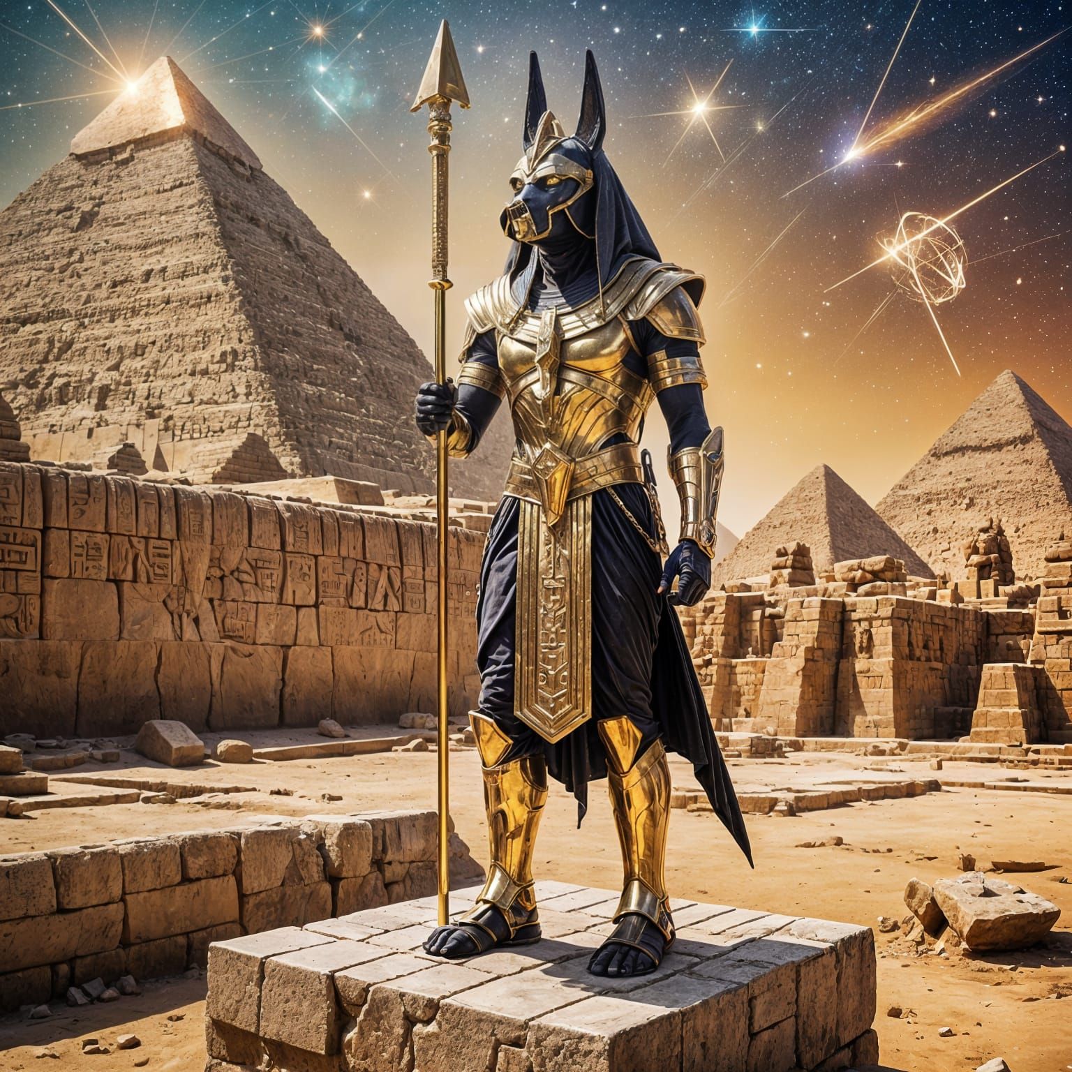 Cyborg Anubis in Futuristic Egyptian Landscape