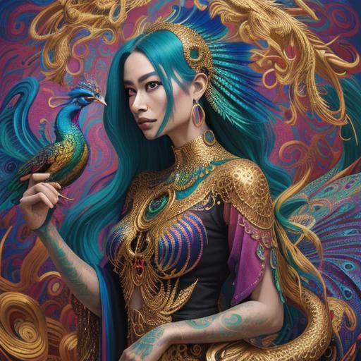 Woman with Rainbow Dragon Serpent in Abstract Expressionism