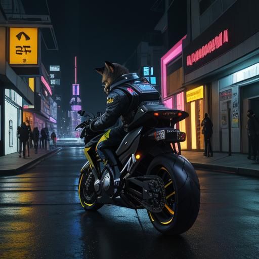 Cybernetic Cat Rider in Cyberpunk Neon Cityscape