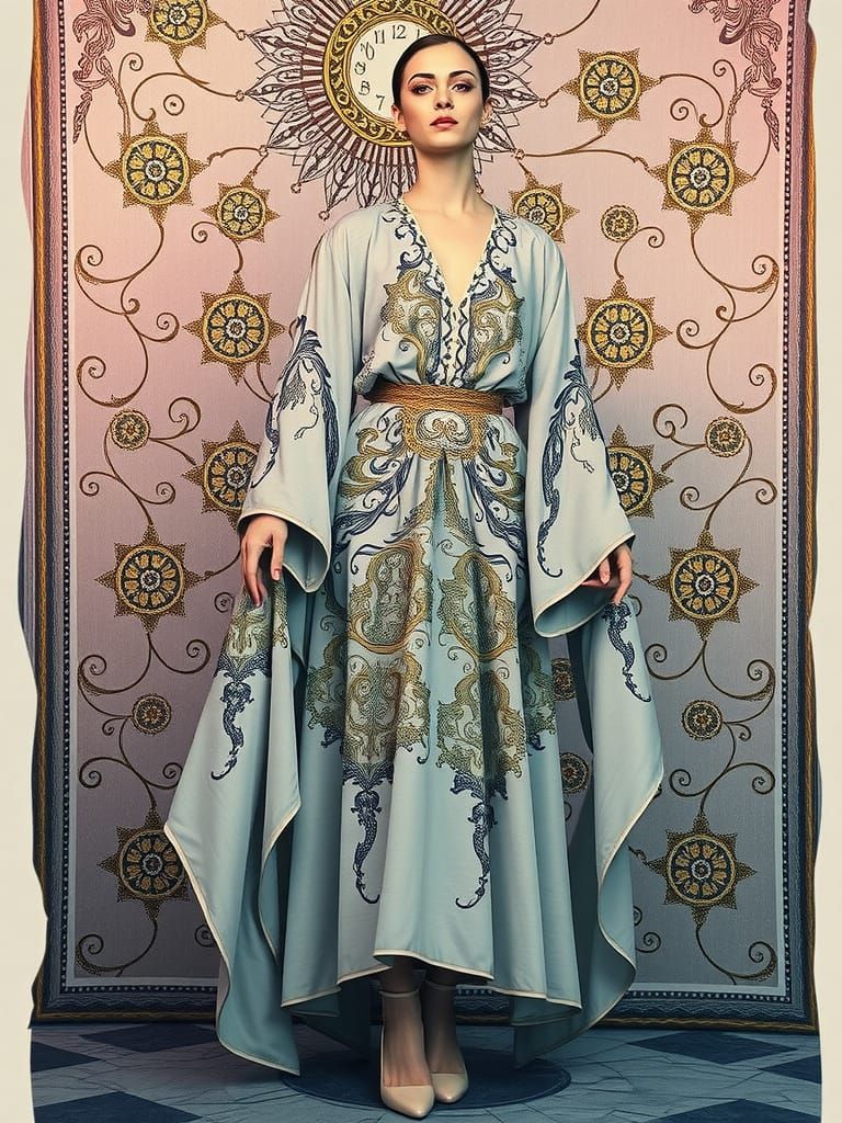 Elegant Full-Figured Model in Golden Kintsugi Caftan, Inspir...