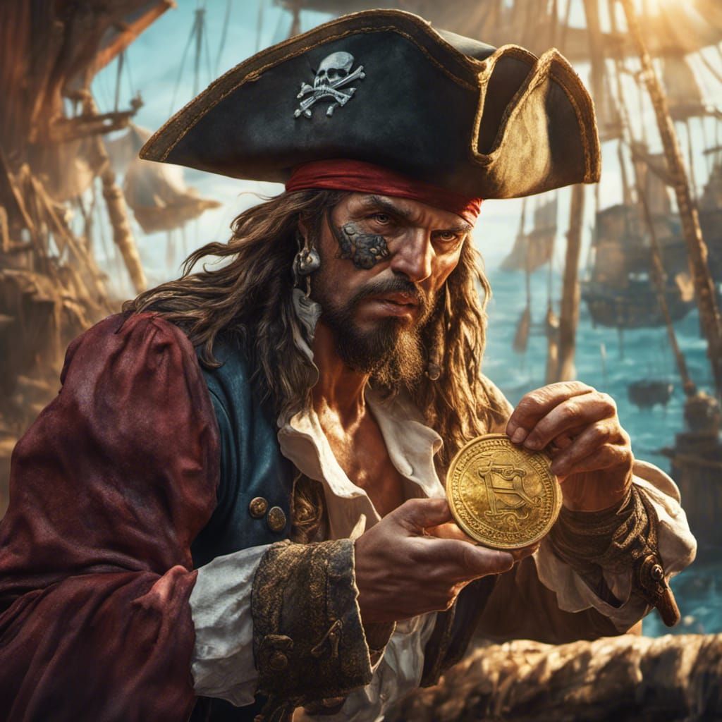 Pirate Stealing Coin in Hyperrealistic Splash Art