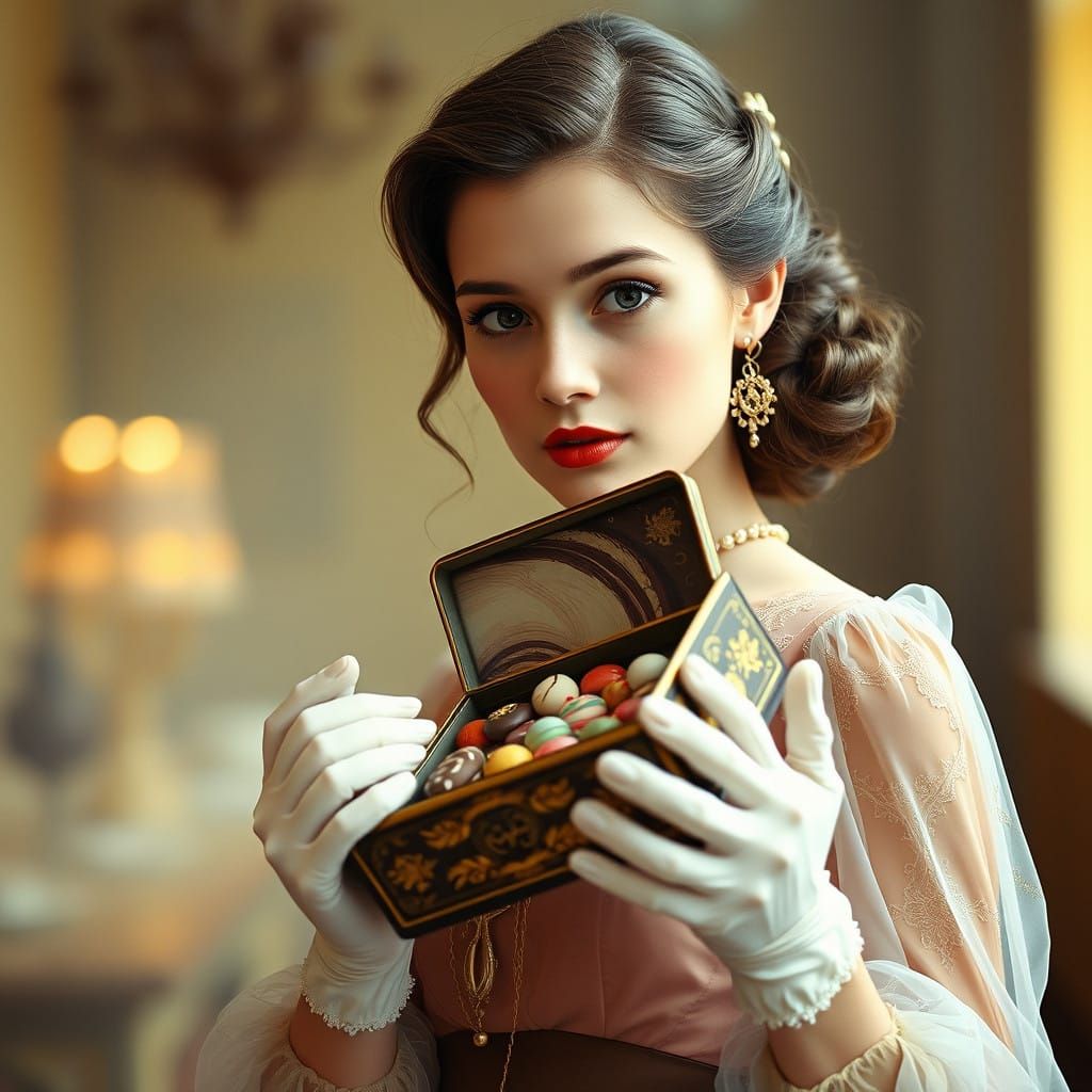 Young Woman Surrounded by Whimsical Chocolates in a Dreamlik...