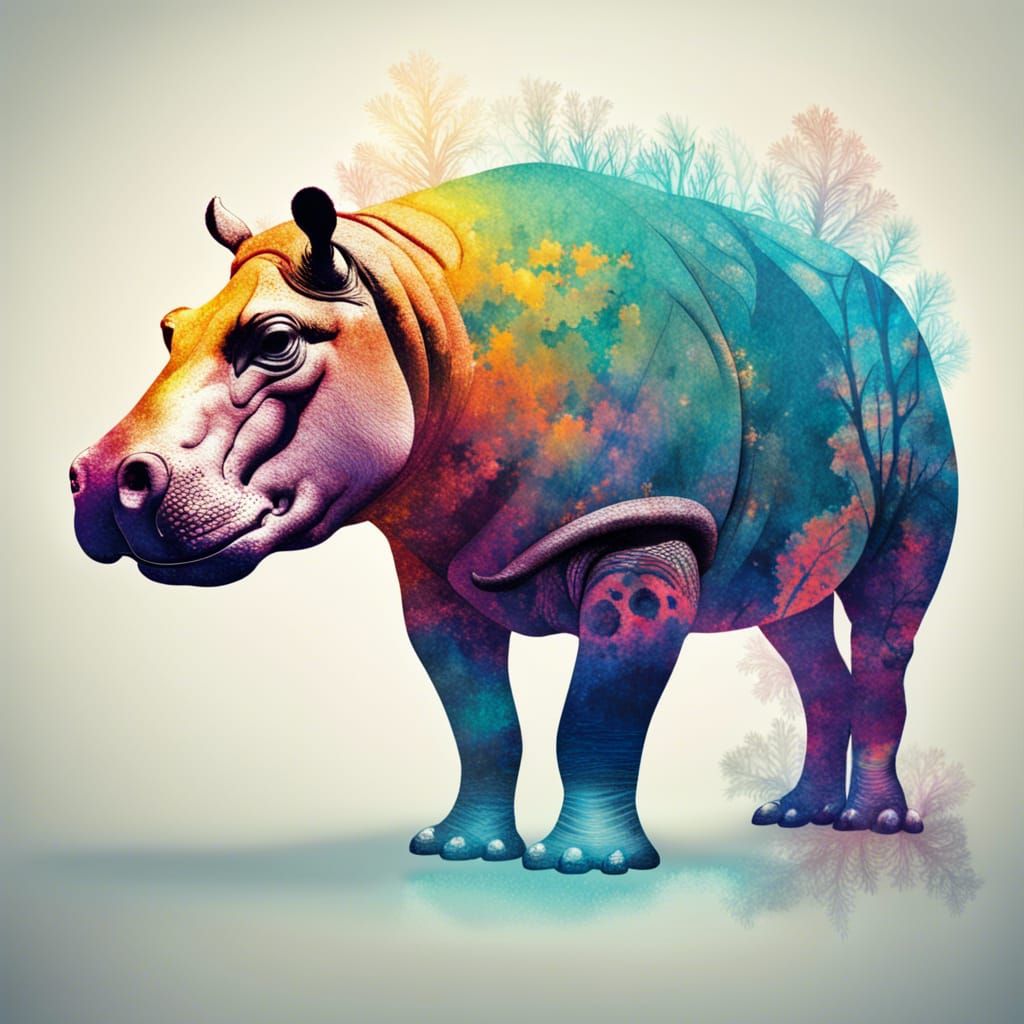 Colorful Double Exposure Hippo Silhouette