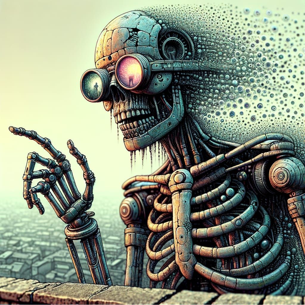 Weathered Robot on Rooftop Edge in Dystopian Style