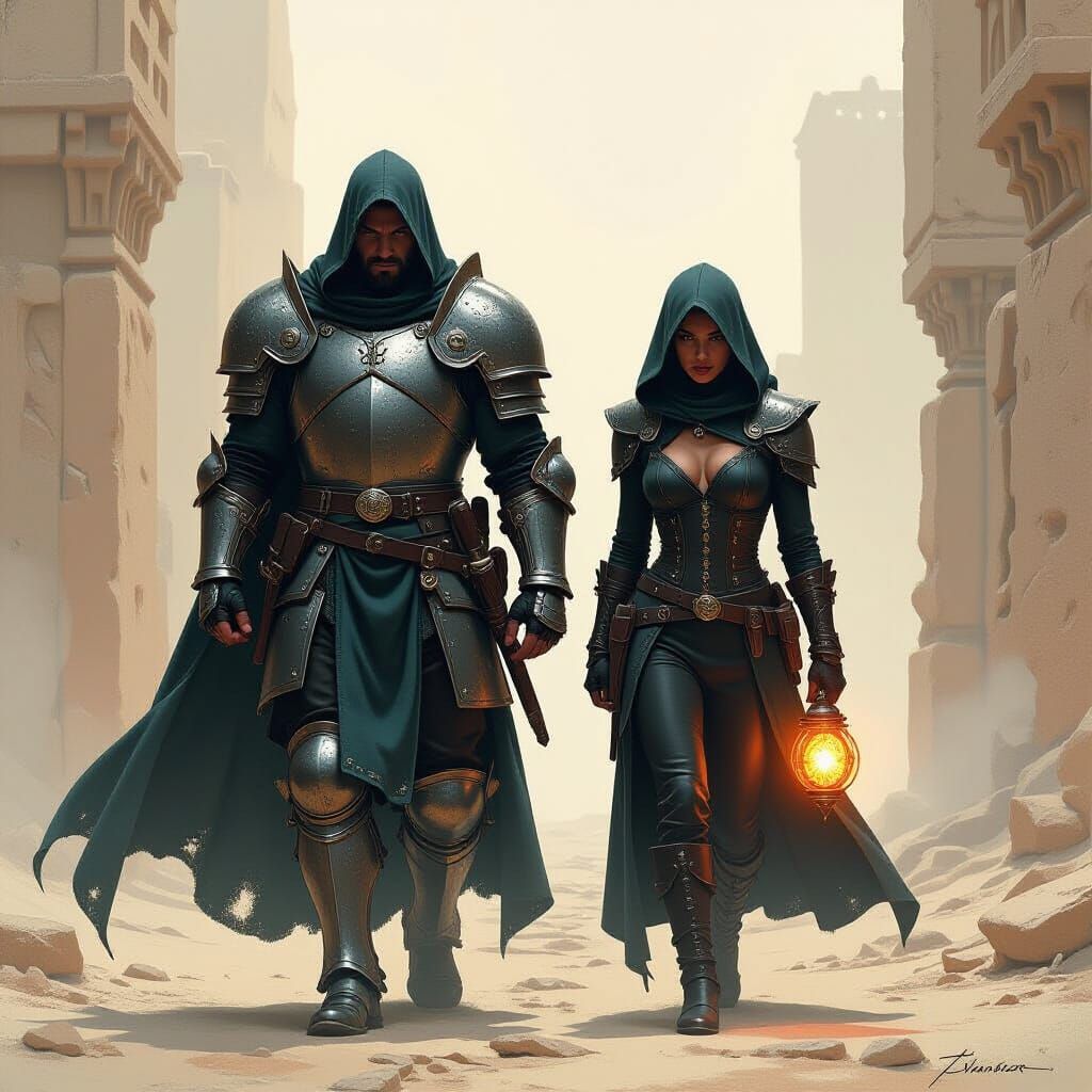 Knight and Thief Escort Relic in Dramatic Fantasy Art