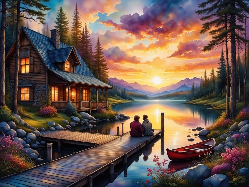 Dawn Over Lakeside Cabin with Companions
