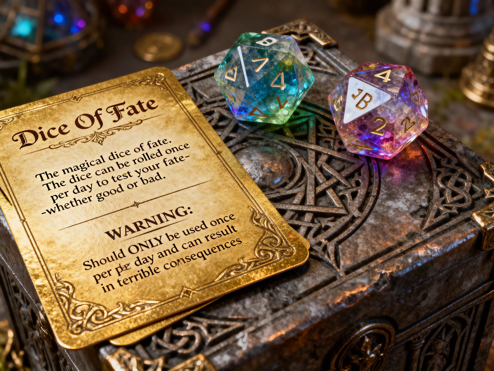 Crystal D&D Dice on Medieval Block